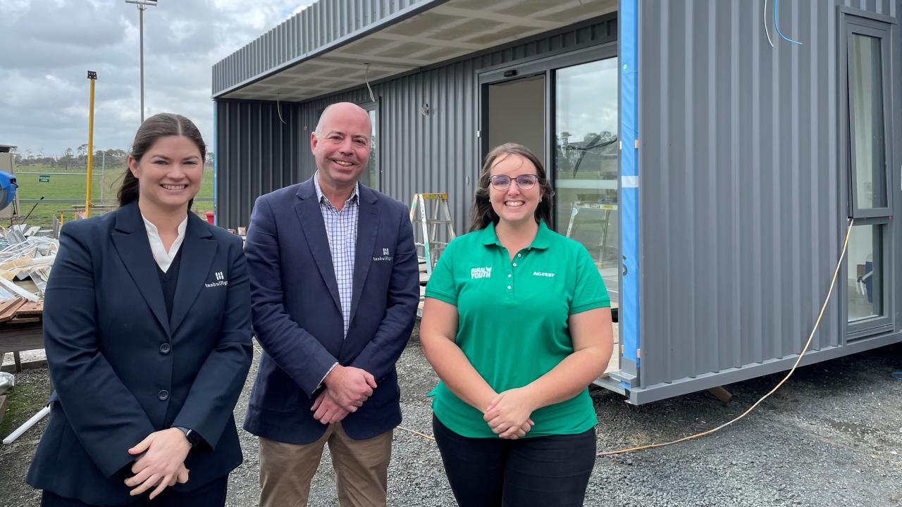 Tasbuilt Homes client liaison manager Fiona Boyer, sales consultant Simon Best and Rural Youth state president Amber Bramich on site at Tasbuilt Homes, Westbury, with Rural Youth’s new headquarters pre-fabricated and ready for delivery to Quercus Park. Tasbuilt Homes client liaison manager Fiona Boyer, sales consultant Simon Best and Rural Youth state president Amber Bramich on site at Tasbuilt Homes, Westbury, with Rural Youth’s new headquarters pre-fabricated and ready for delivery to Quercus Park.
