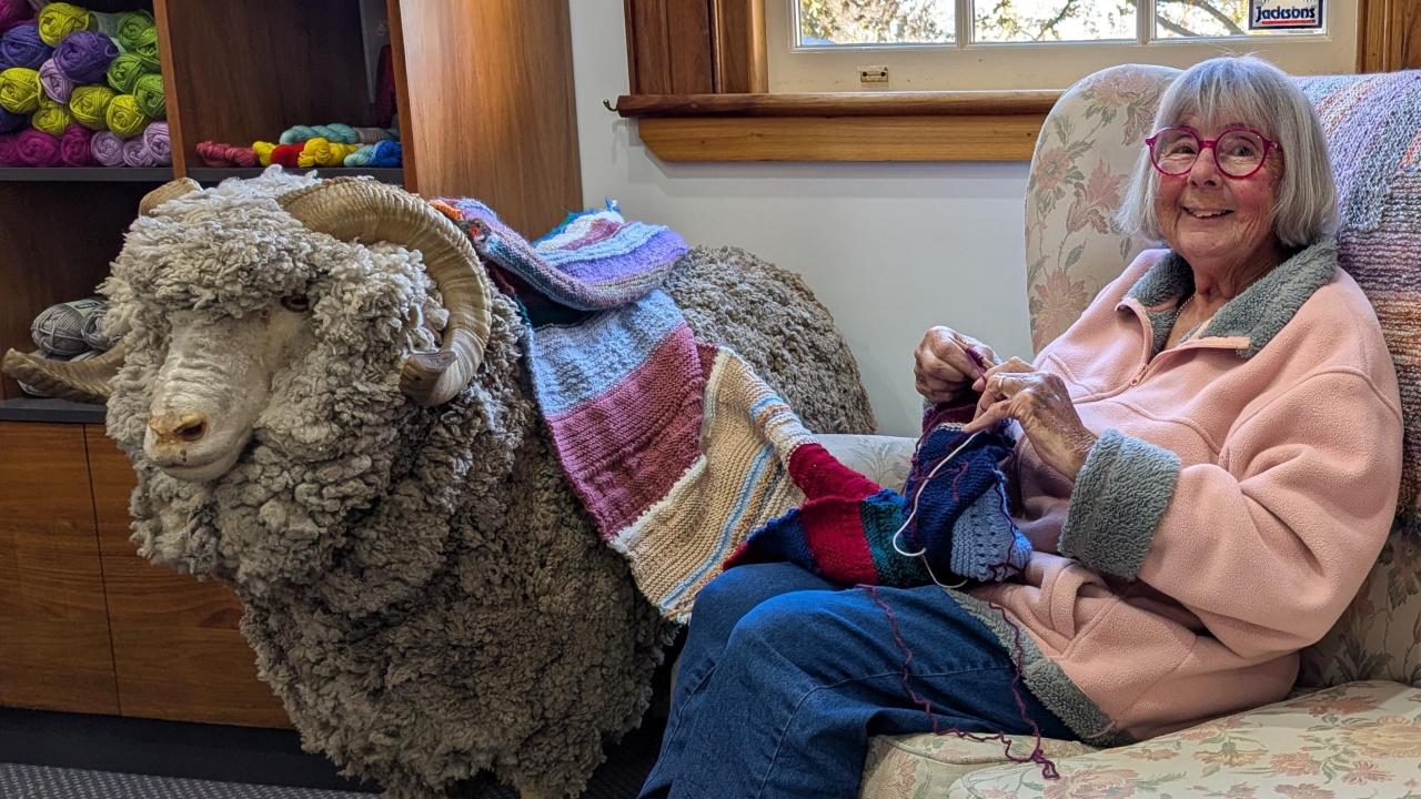 Rosie Dewar of Longford adds some knitting pizazz to the Knit for Jim winter project at the Wool Centre in Ross