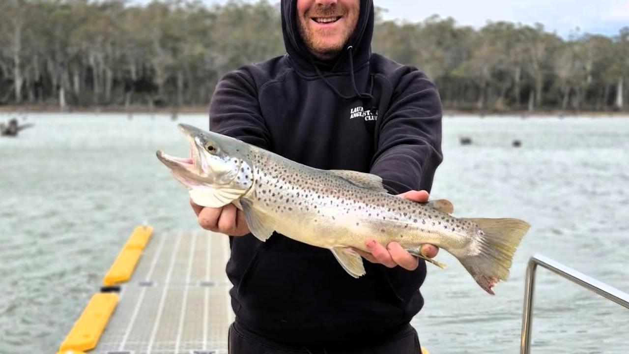 Justin Stevens with a solid male brown trout he caught spinning off the jetty at Lake Leake last weekend.