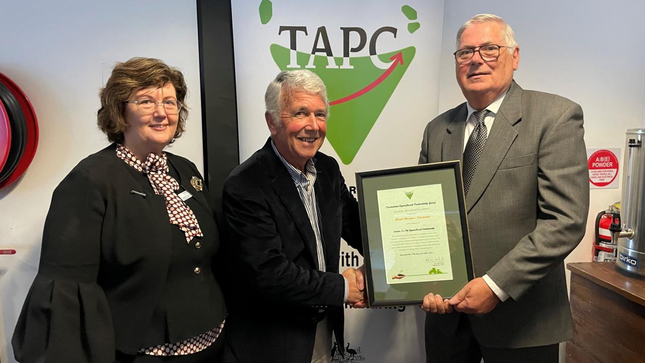 RBT CEO Elizabeth Skirving, Tas Ag Productivity Group EO Terry Brient and RBT Chair Michal Frydrych