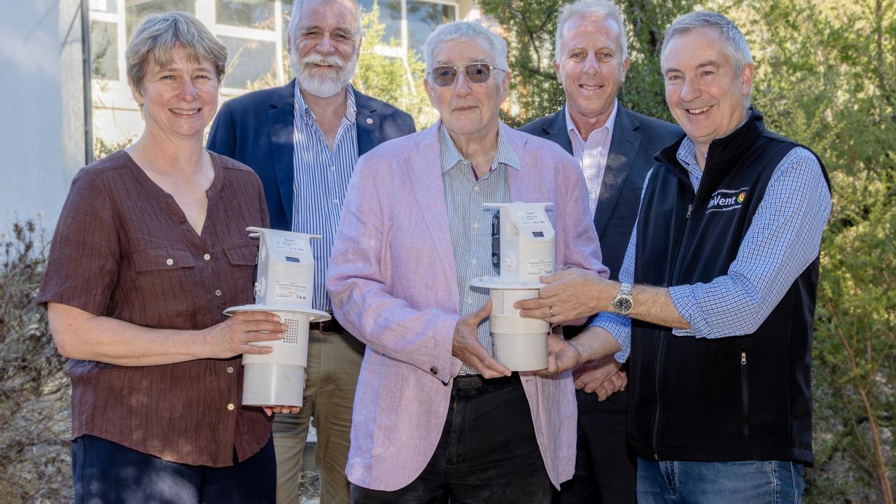 2026_Soil CRC quoll ag tech with Shane Powell TIA, Mike Rose TIA, Dr Paul Greenfield (Soil CRC Board Chair), Michael Crawford (Soil CRC CEO), Brett Harris InVENT_Peter W Allen