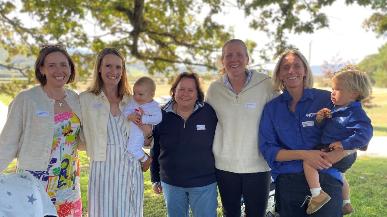 Amanda Bond, Cressy, Lydia Colvin, Noswick, with five month-old Charles, host Helen Baille, Cec Cameron and   Georgie Gunn with Kit Gunn, 2, of Wesley Dale.