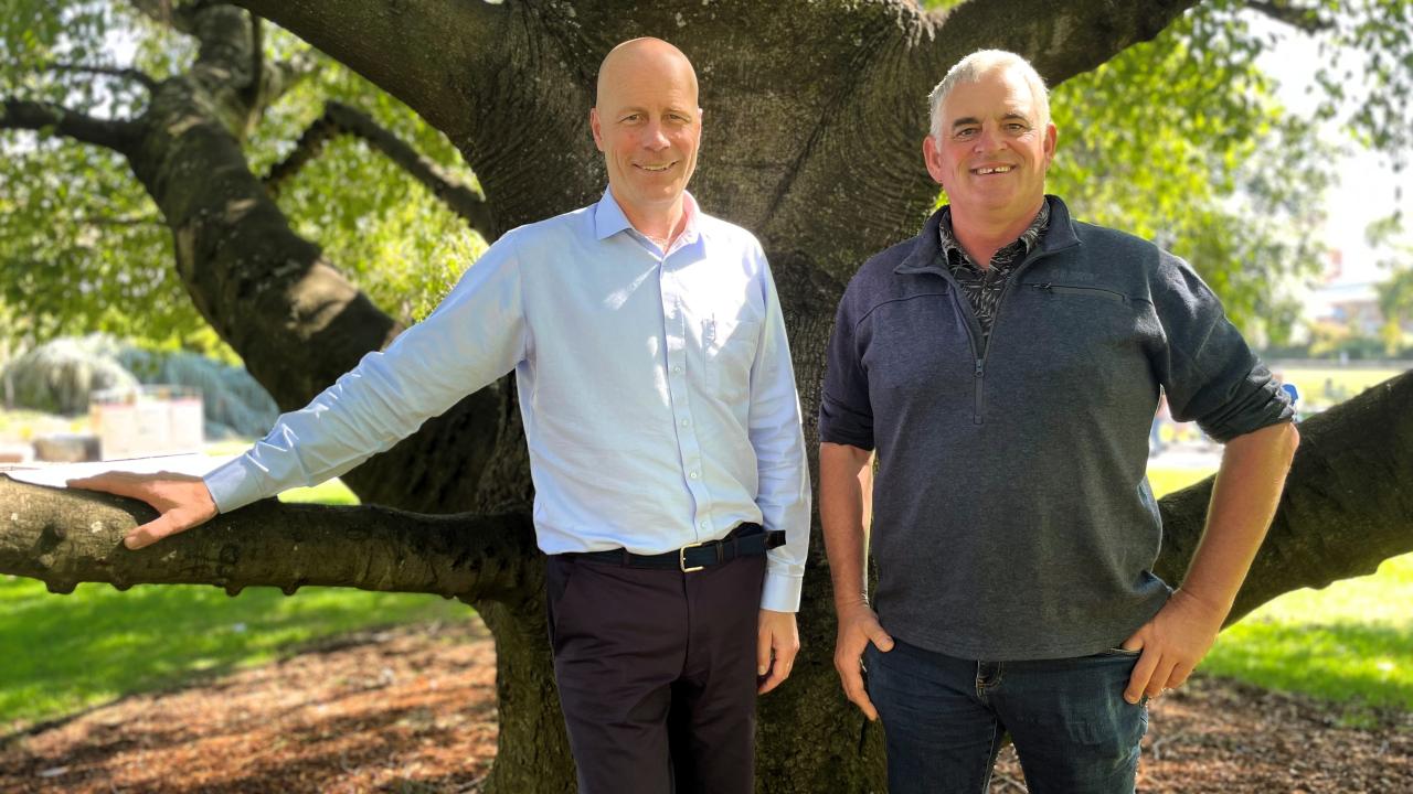 Potatoes Tasmania general manager Rob Salmon meeting with Branxholm potato grower John Casswell in Launceston on Tuesday. 