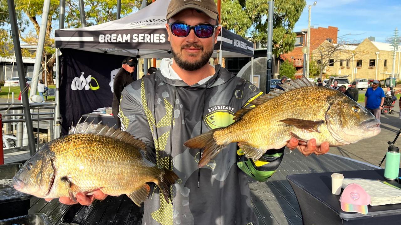 Isaac Harris ,winner of round 4 in the 2026 Daiwa BREAM Series in the boater division held on the Derwent River last weekend with some of his catch. Pic courtesy of Australian Bass Tournaments (ABT)