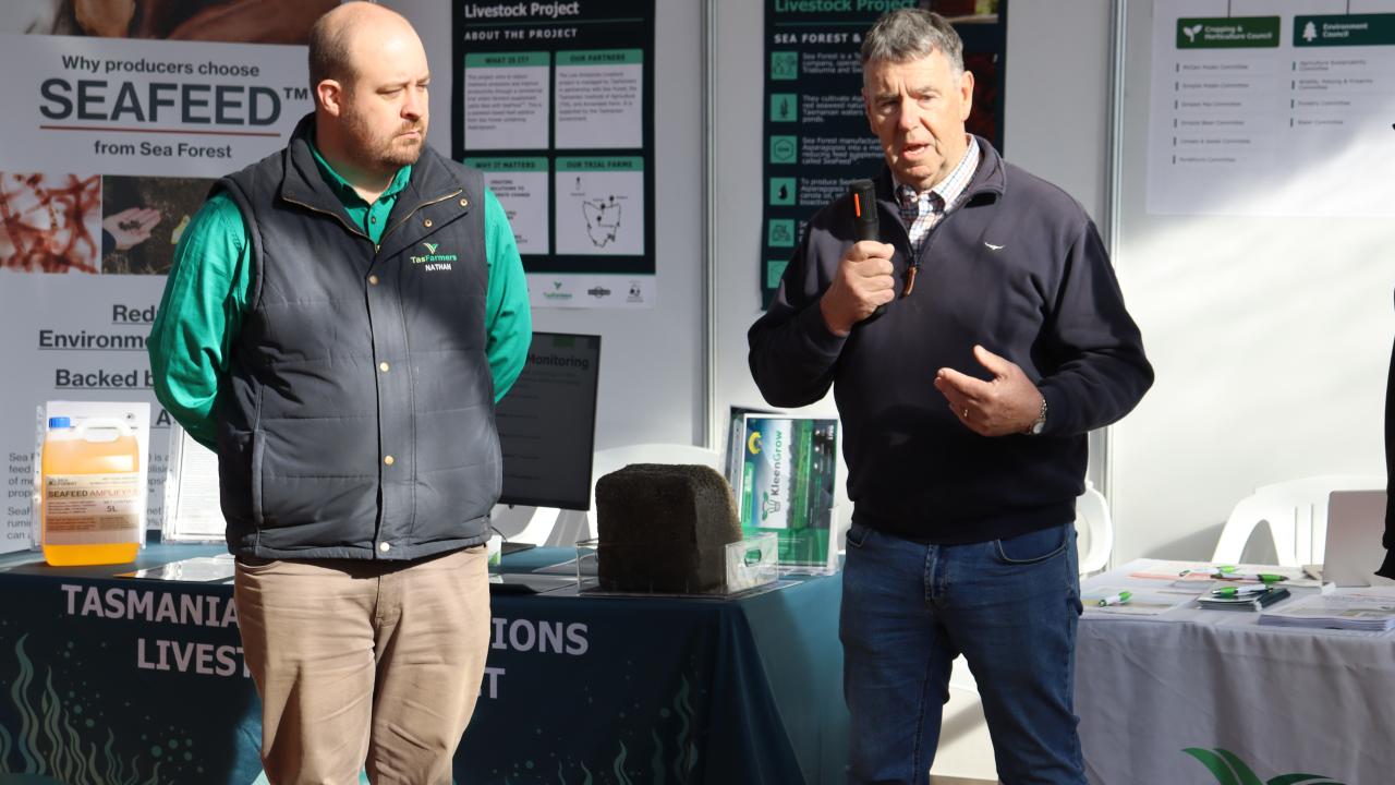 Rob Downie with TasFarmers CEO Nathan Calman.