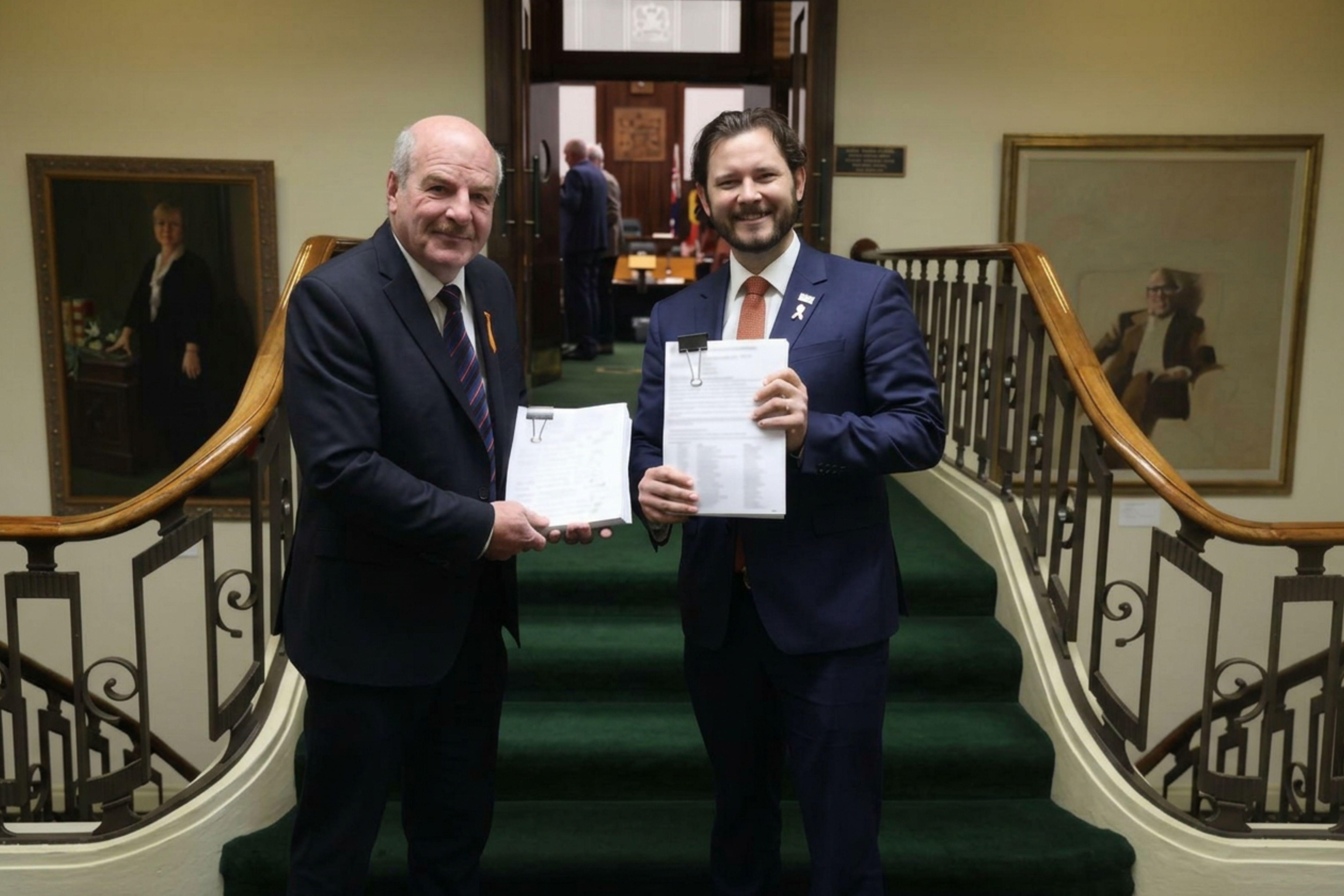 Mark Shelton and Felix Ellis with the petitions