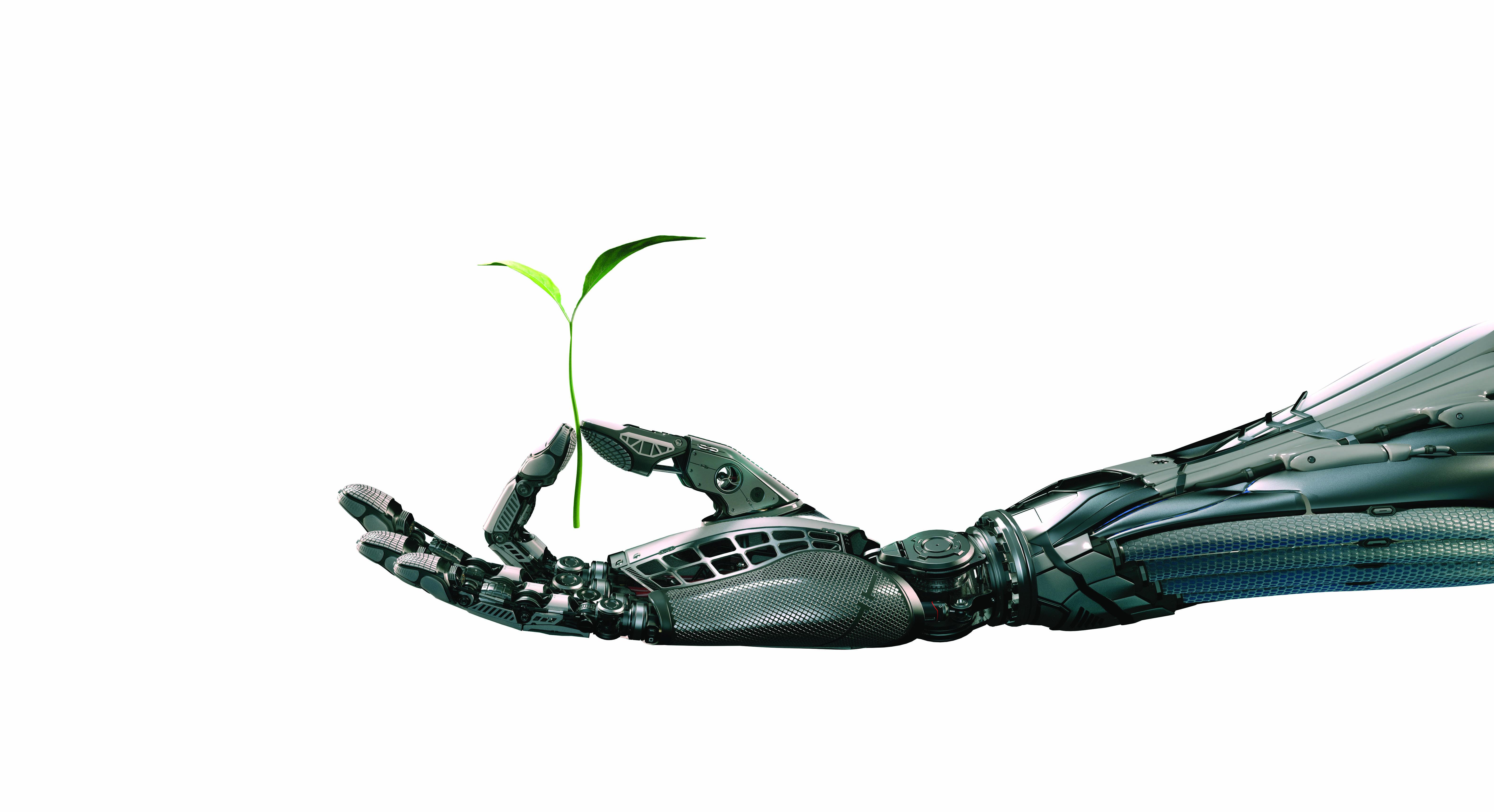 A robotic hand with a plant