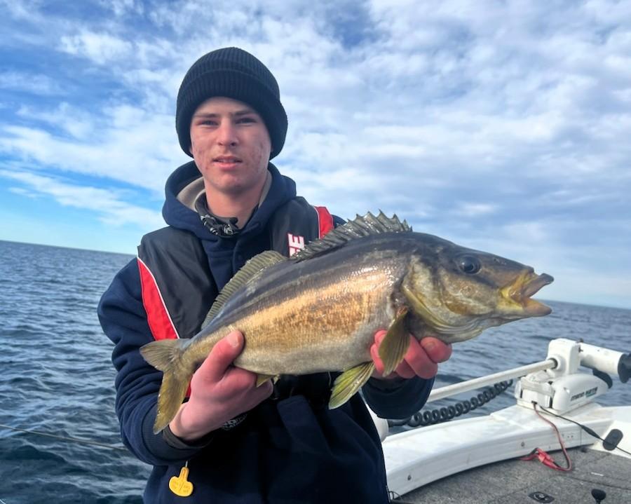Cameron Gahan with a nice Striped Trumpeter he caught recently off Eaglehawk Neck.