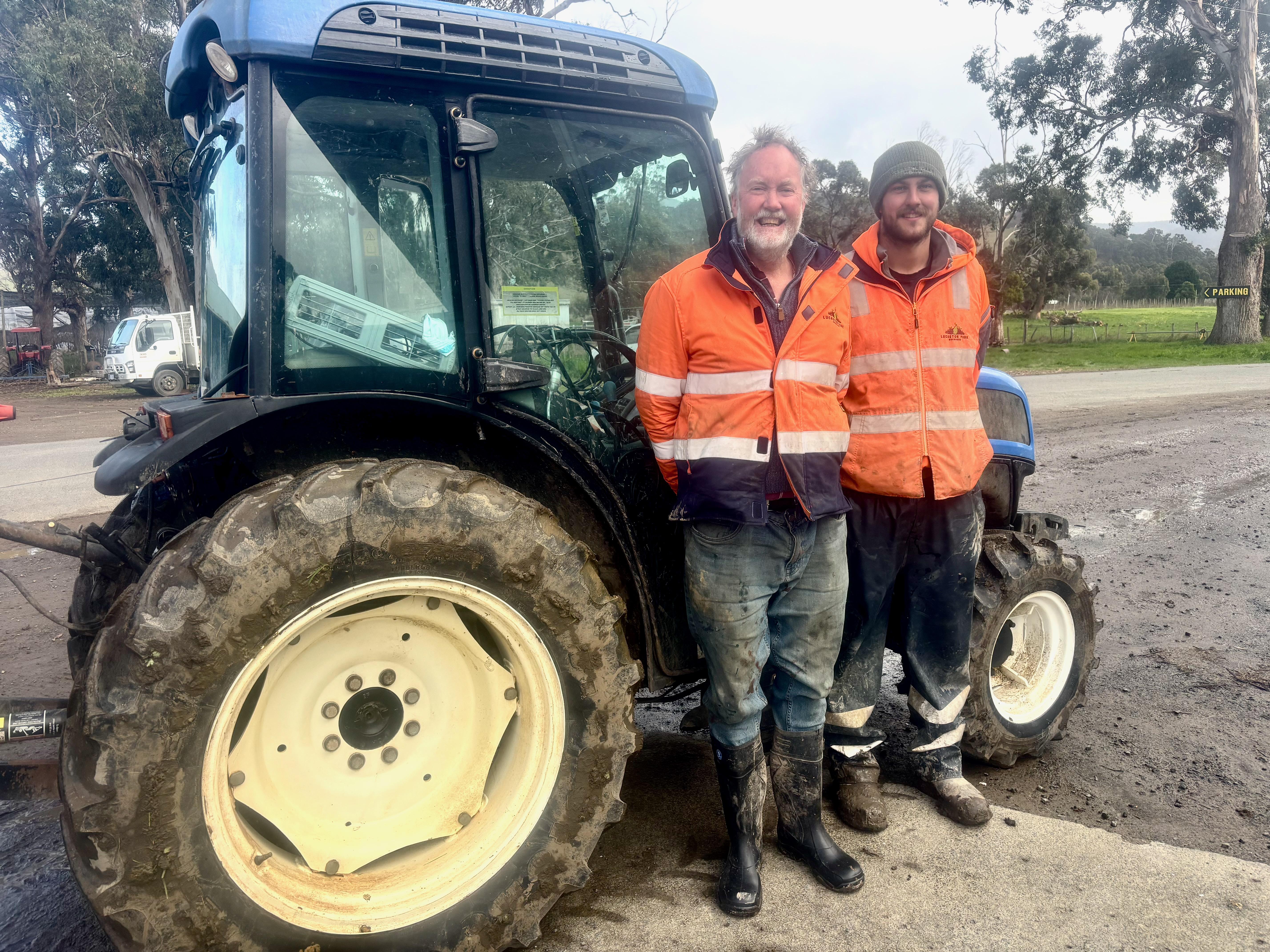 Huon Valley farmers Andrew Griggs and son Ben.
