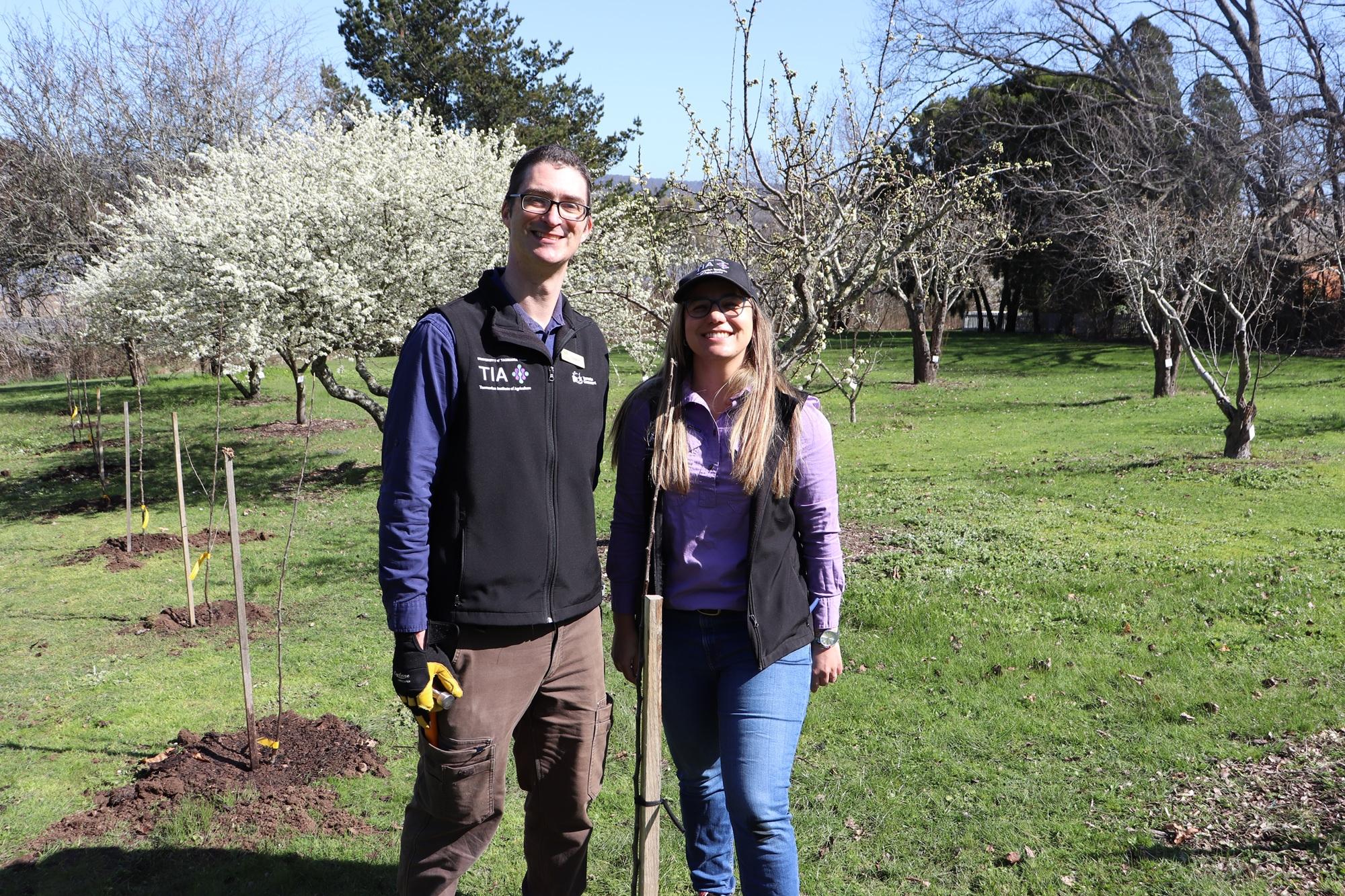 Dr Justin Cappadonna and Dr Leticia Reis during planting of heritage apple trees at 50 Trees Heritage Orchard at Newnham[