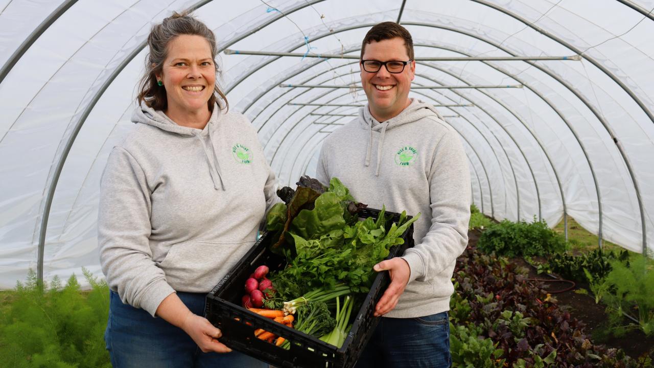 Coral and Nick Warren with one of their veggie boxes