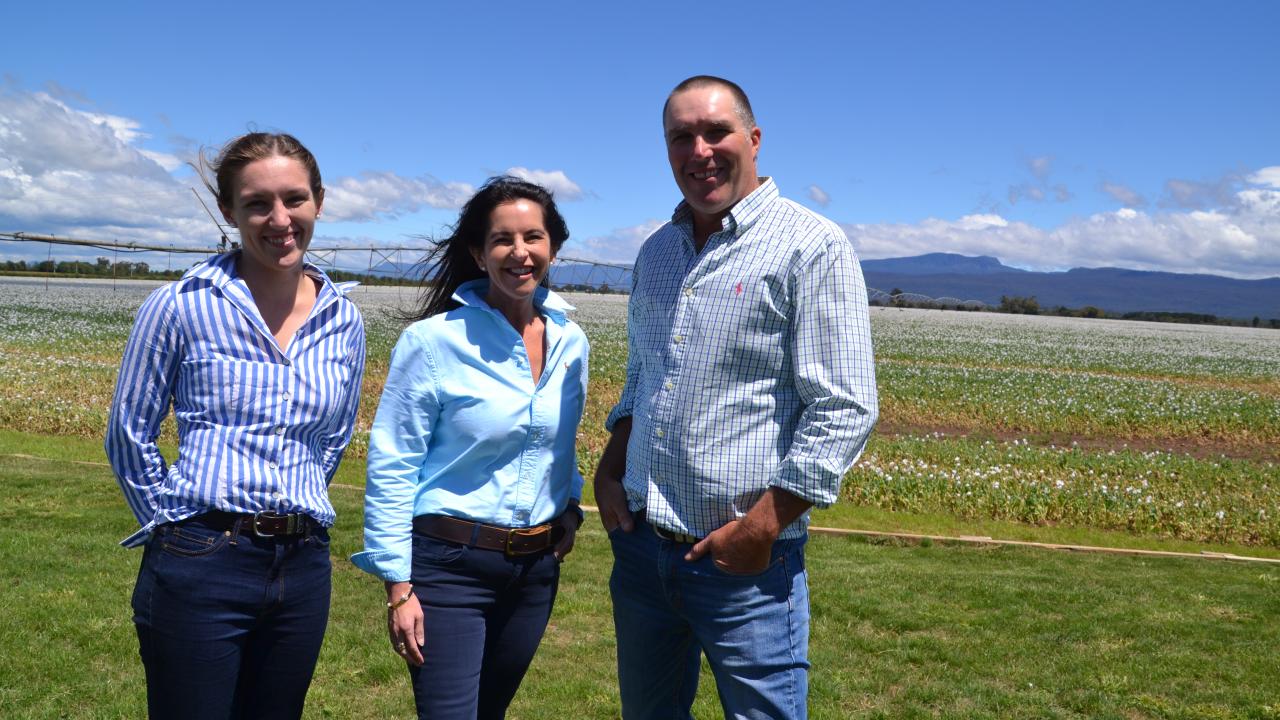 Nina Gibson (left) with Primary Industries and Water Minister Howlett at the official opening of the Greater Meander Irrigation Scheme on Gibson’s farm with Farm owner Greg Gibson