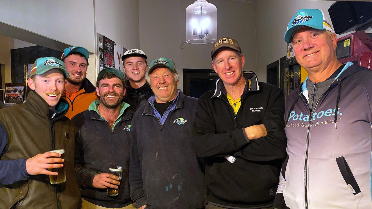 American potato expert Dick Okray, right, with Tasmanian farmers Hayden Richardson, left, Lauchie Gleeson, Will Wishaw, Flynn Tueon and Paul Woodward at Carrick on Friday. American potato expert Dick Okray, right, with Tasmanian farmers Hayden Richardson, left, Lauchie Gleeson, Will Wishaw, Flynn Tueon and Paul Woodward at Carrick on Friday.