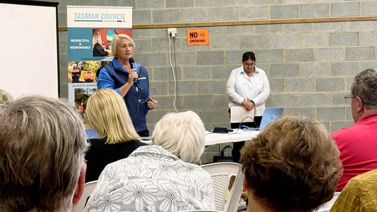 Susie Bower speaking at a public meeting about telecommunications.