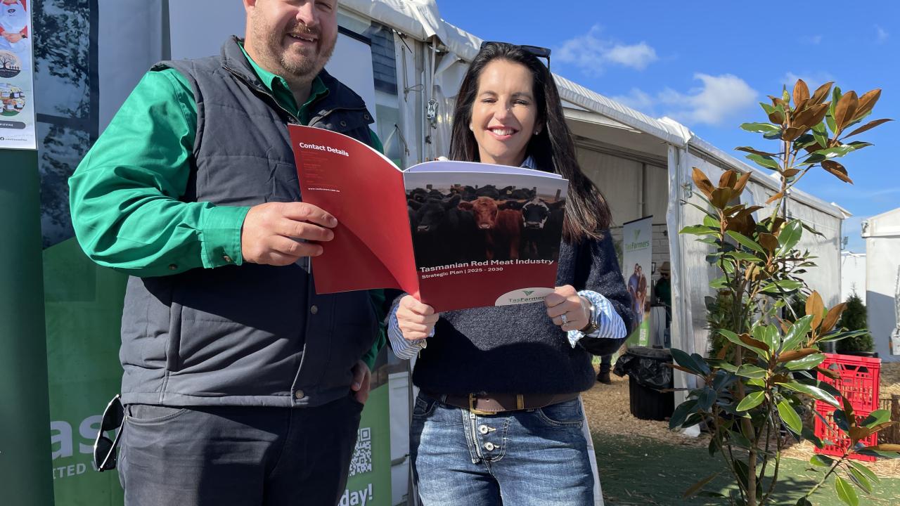 TasFarmers CEO Nathan Calman and Primary Industries Minister Jane Howlett with the Tasmanian Red Meat Industry Strategic Plan 2025 – 2030. Red meat plan