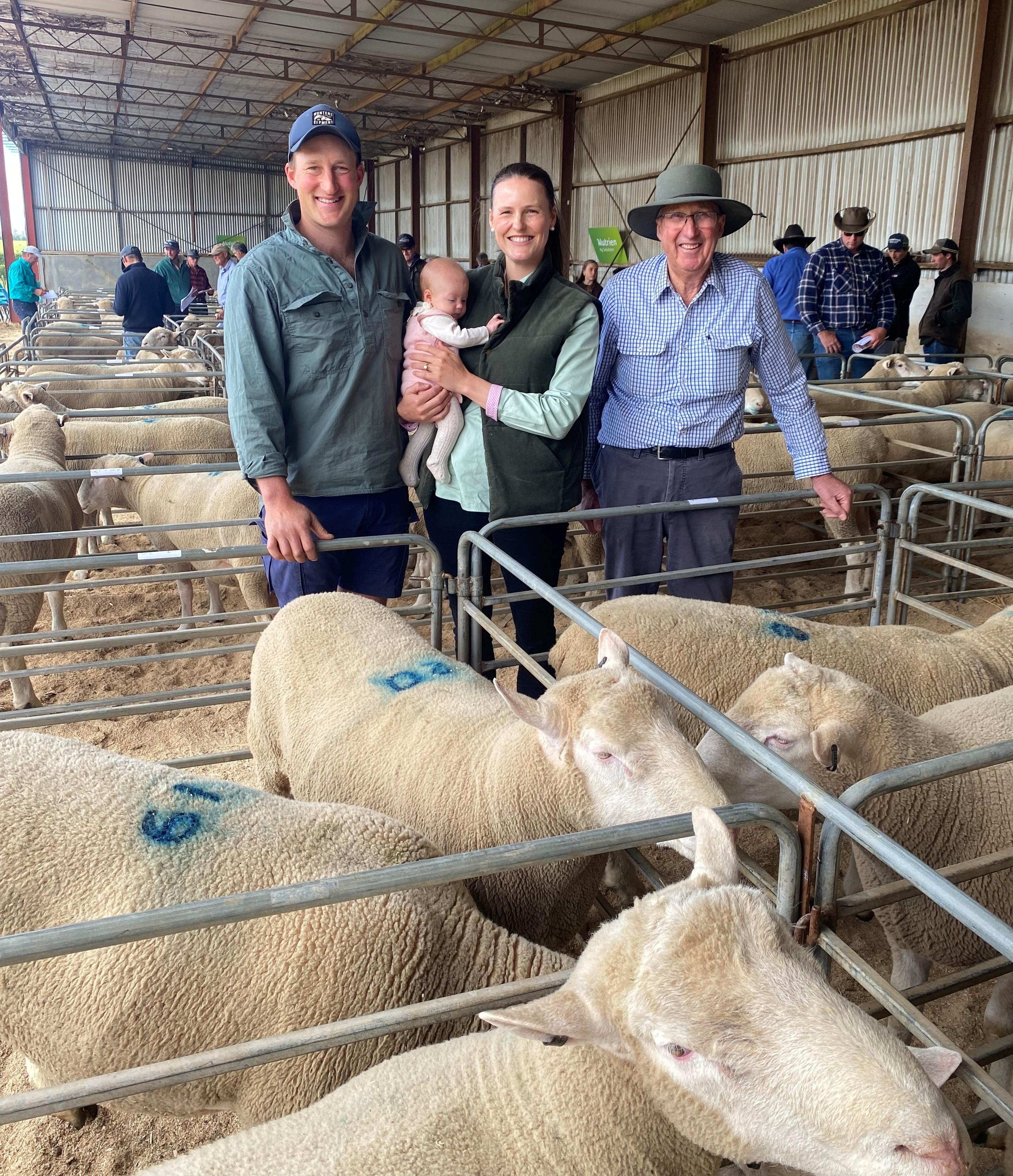 Bramwell Heazelwood at the Melton Vale ram sale with his son Ritchie, daughter in-law Chloe and granddaughter Pippa, three months.  