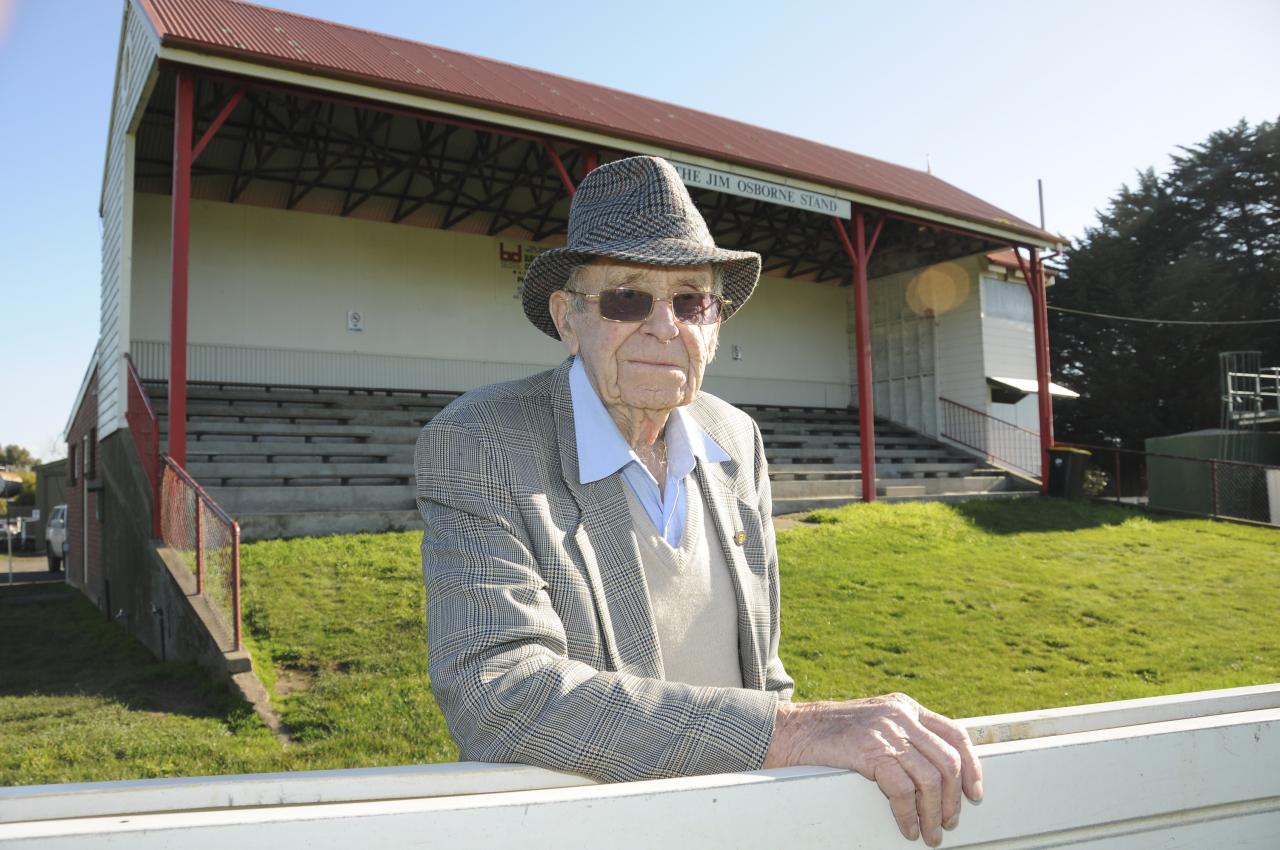 The late Jim Osborne in front of the grandstand named in his honour.