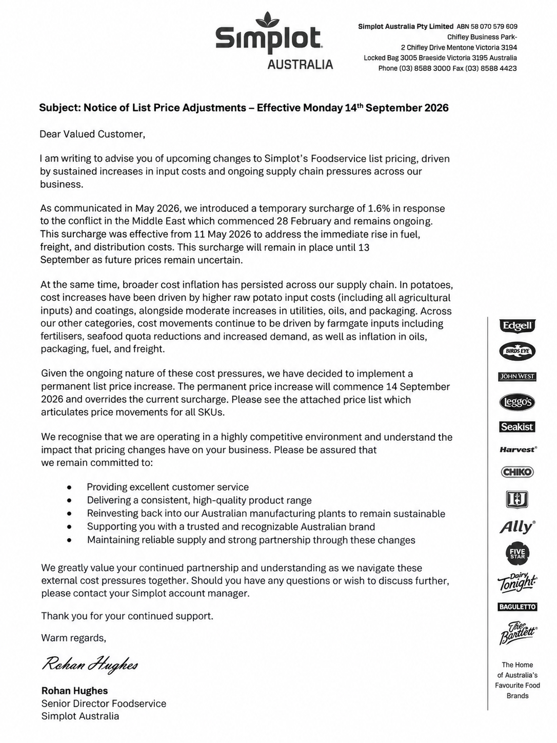 The Simplot letter to customers