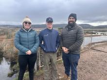 NRM South Senior Project Officers Grace Isdale and Zak Wheaton with Devils Corner vineyard manager  Nick Newton.