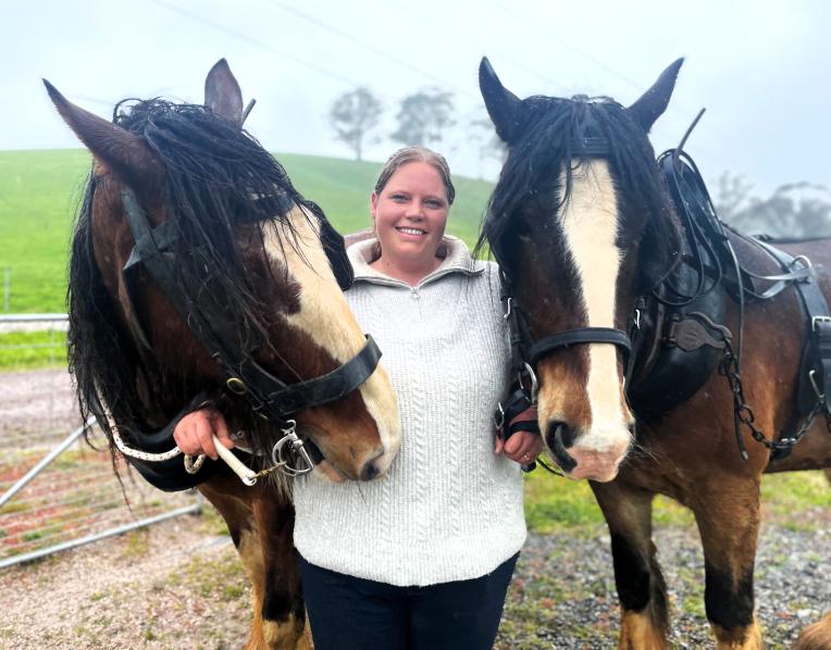 Emma Post of Riana with her Shire horses Stamp and Ben, who will be part of the heavy horse lineup at Deloraine Show next weekend.