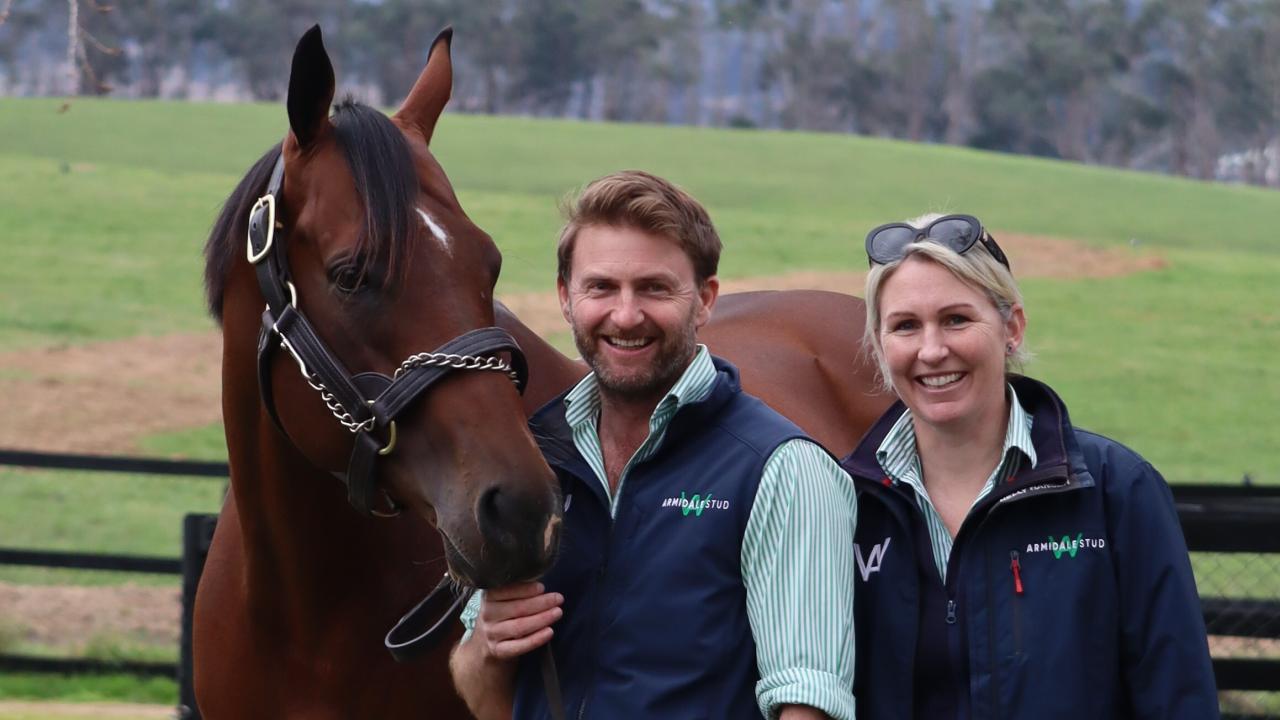 David and Rhiannon Wishaw of Armidale Stud, Carrick, with their colt Bodyguard.