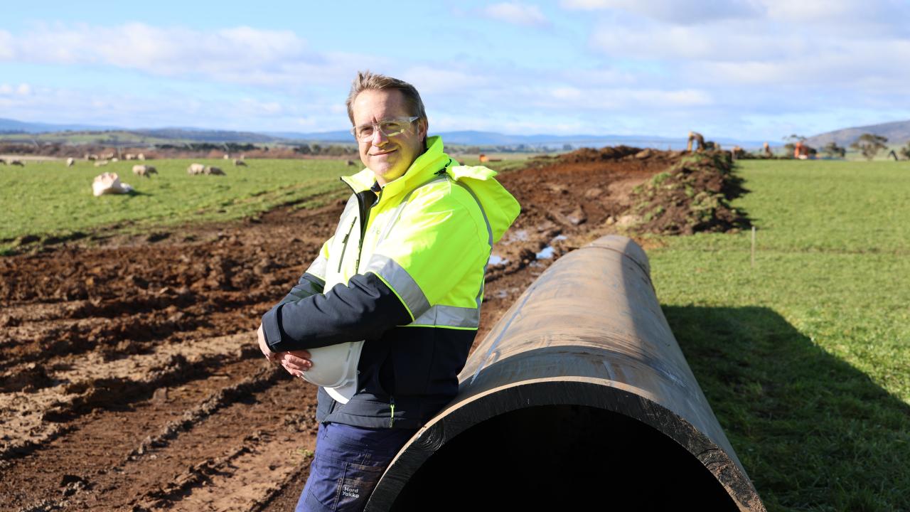 Tasmanian Irrigation CEO Mike Sylvester at a pipe laying site in the Northern Midlands. Tasmanian Irrigation CEO Mike Sylvester at a pipe laying site in the Northern Midlands.