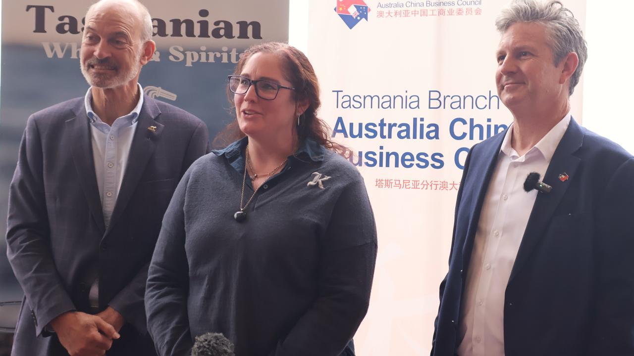 Trade Minister Guy Barnett, Tasmanian Spirits & Whisky Association President Kristy Lark-Booth and Australia China Business Council Tasmania chief executive David Morris