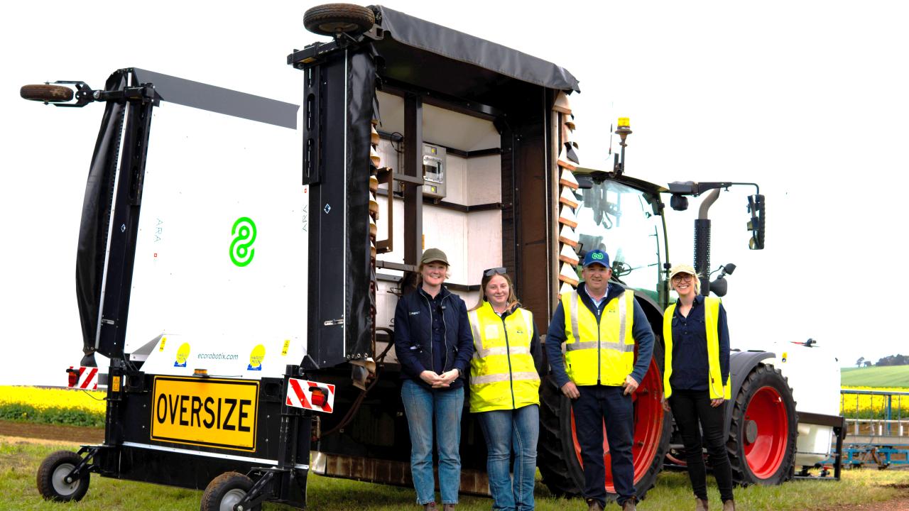 Prue Rothwell of VegNet, Harvest Moon machine operator Ruby Kelly, Harvest Moon chief agriculture officer Jono Craven and Taylor Field of Vegnet with the Ecorobotix ARA precision sprayer. 