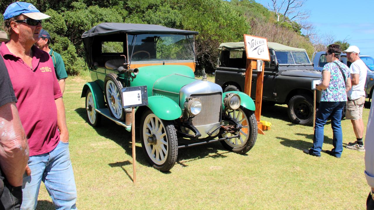 The 1912 Vulcan on display at the Lions Motor Show at Currie Harbour — one of the earliest cars ever brought to King Island.