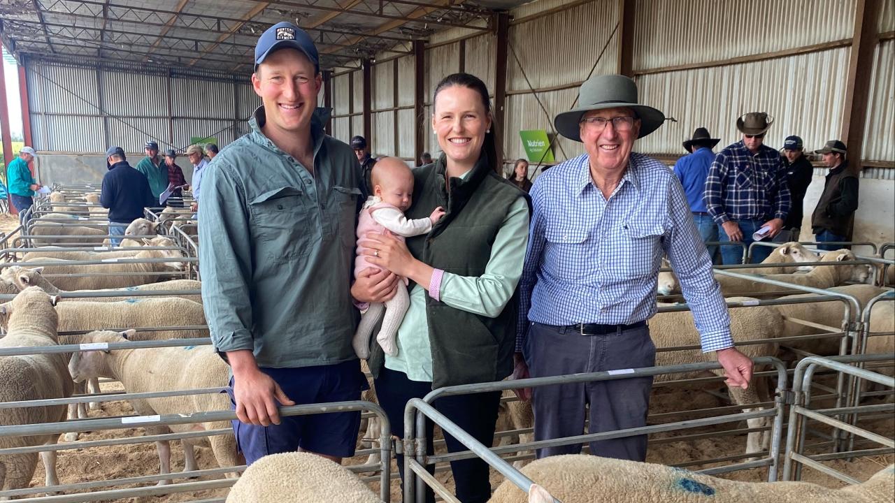 Bramwell Heazelwood at the Melton Vale ram sale with his son Ritchie, daughter in-law Chloe and granddaughter Pippa, three months.  