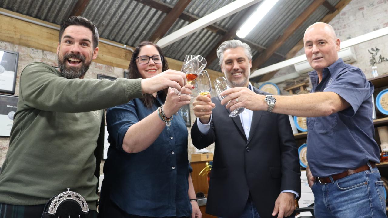 Derwent Distillery co-owner Robbie Gilligan, Tasmanian Whisky & Spirts Association President Kristy Lark, Lark Distiller head of hospitatlity Dan Knight and Spring Bay Distillery founder Cam Brett