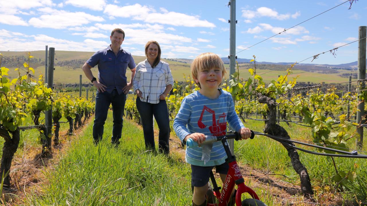 Alex Dean and Mardi with their son, Lewis, in the vines at Meadowbank Wines.