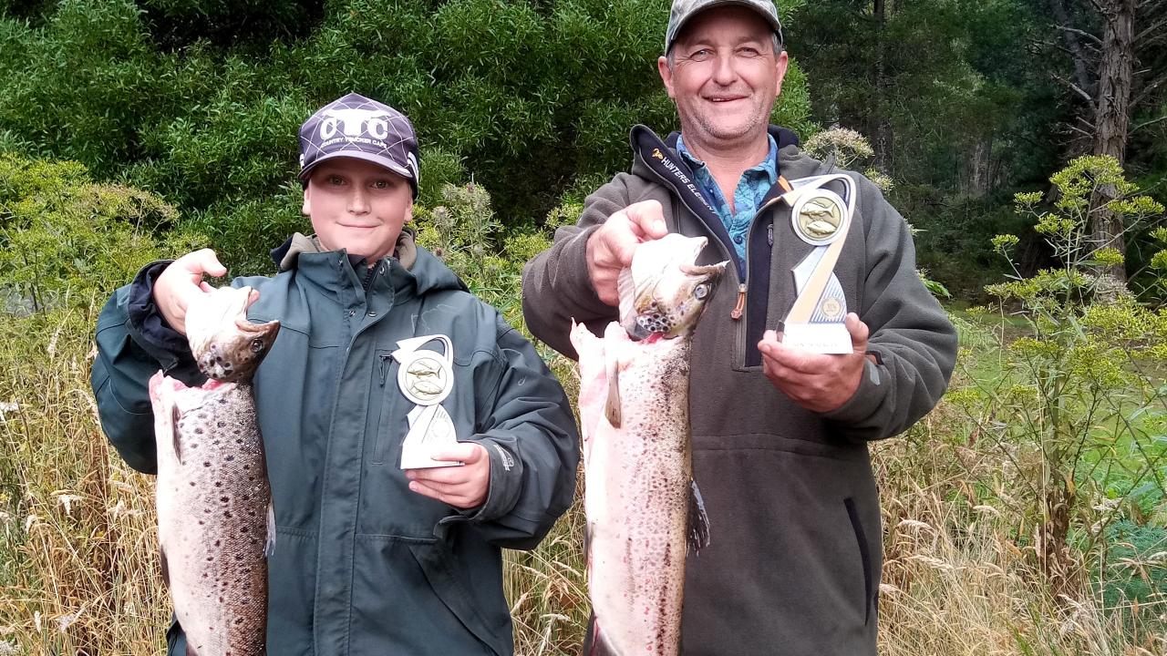  Dave Gasson Memorial heaviest trout winners from Wayatinah Lagoon,father and son Jayden(junior) and Adrian Slater (senior) with their winning catches.