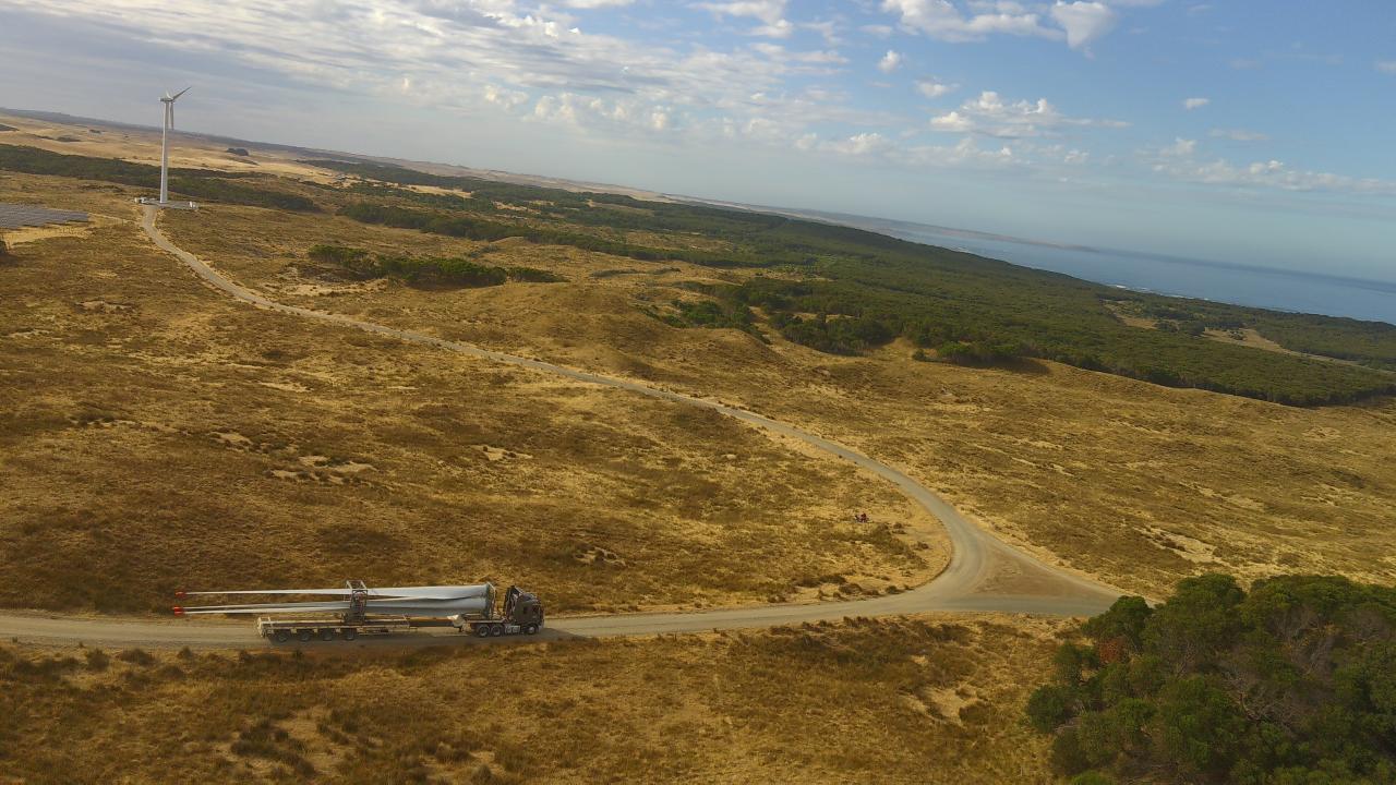 Wind turbines being transported on King Island. Picture: Total Freight Solutions