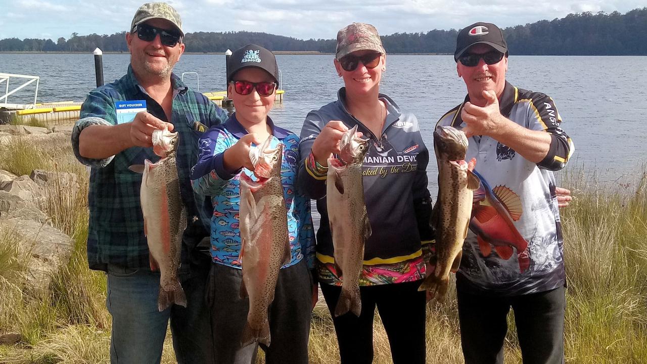 NNLAA members Adrian and Jayden Slater, Kirsty Chalmers and Paul McKenzie with their catches from last weekend's trout fishing competition held at Bronte Lagoon.