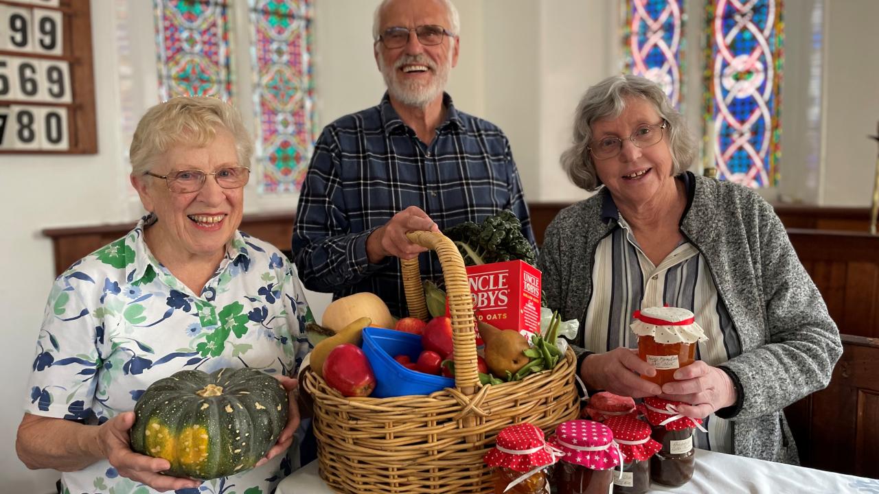 Valerie Hay and Walter and Katherine Abetz will  collect food donations at the Evandale Uniting  Church Harvest Festival on Sunday