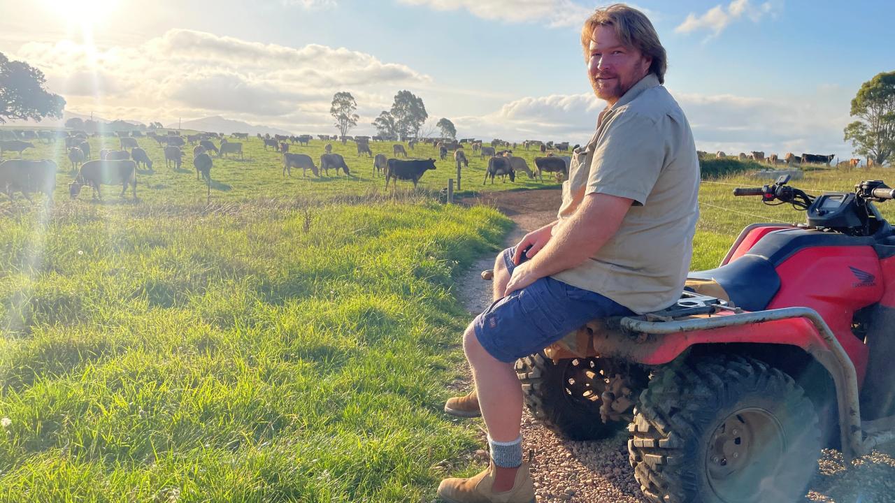 Mark Lambert looking over his organic dairy farm at Sunnyside
