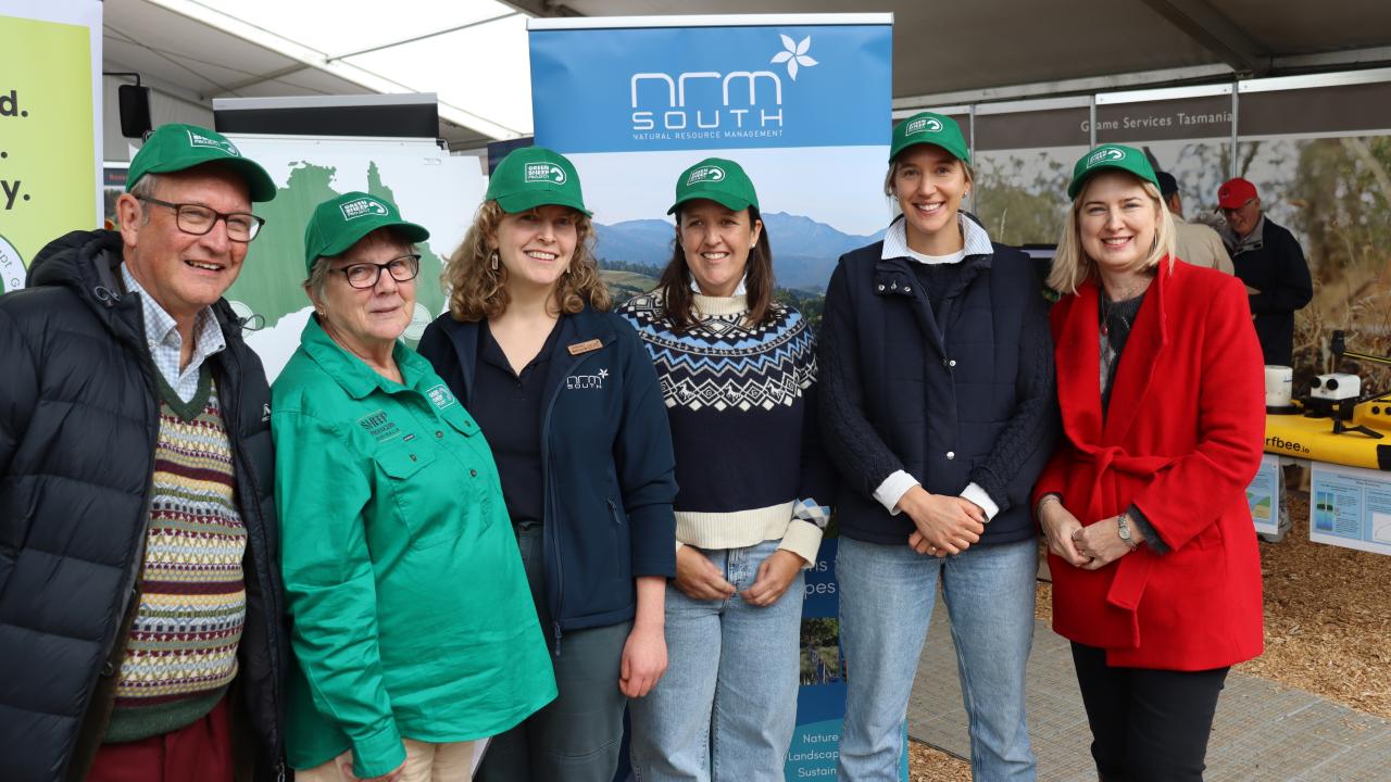 NRM South Chair Bob Rutherford, Carolyn Cameron from Sheep Producers Australia, Green Sheep Project Tasmania lead Janneke Scheeres, Anna Cotton, Rosie Downie and Julie Collins.