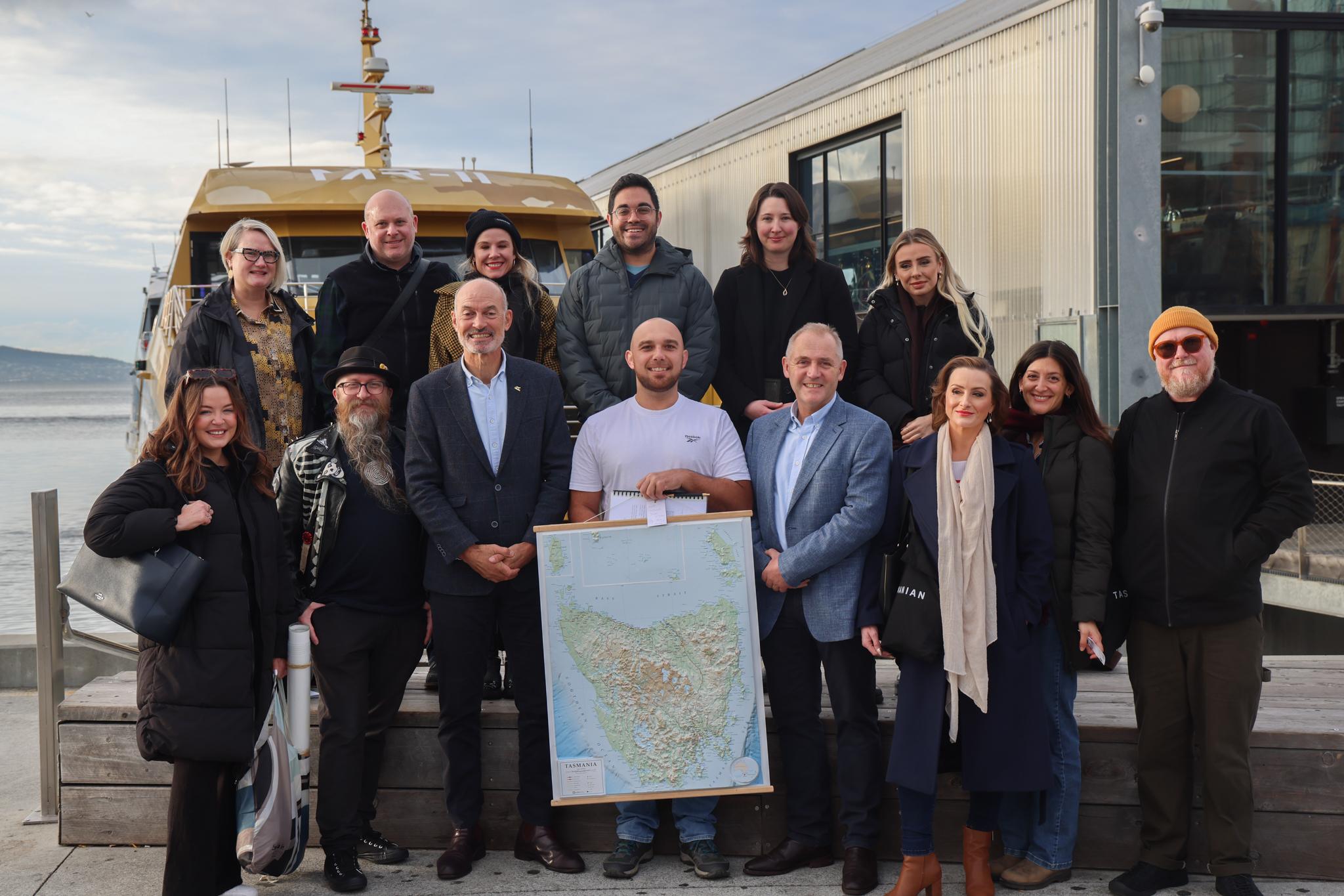 Guy Barnett, Marcus Vermey and Wine Tasmania CEO Shree Davies with the wine delegation.