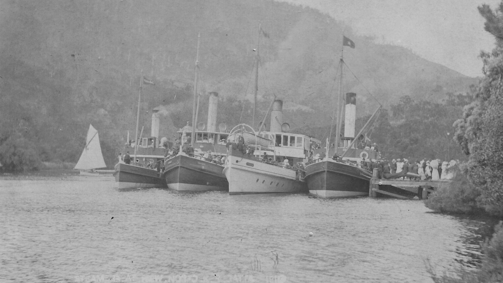 Steamers lined up at the jetty for the 1910 New Norfolk Regatta