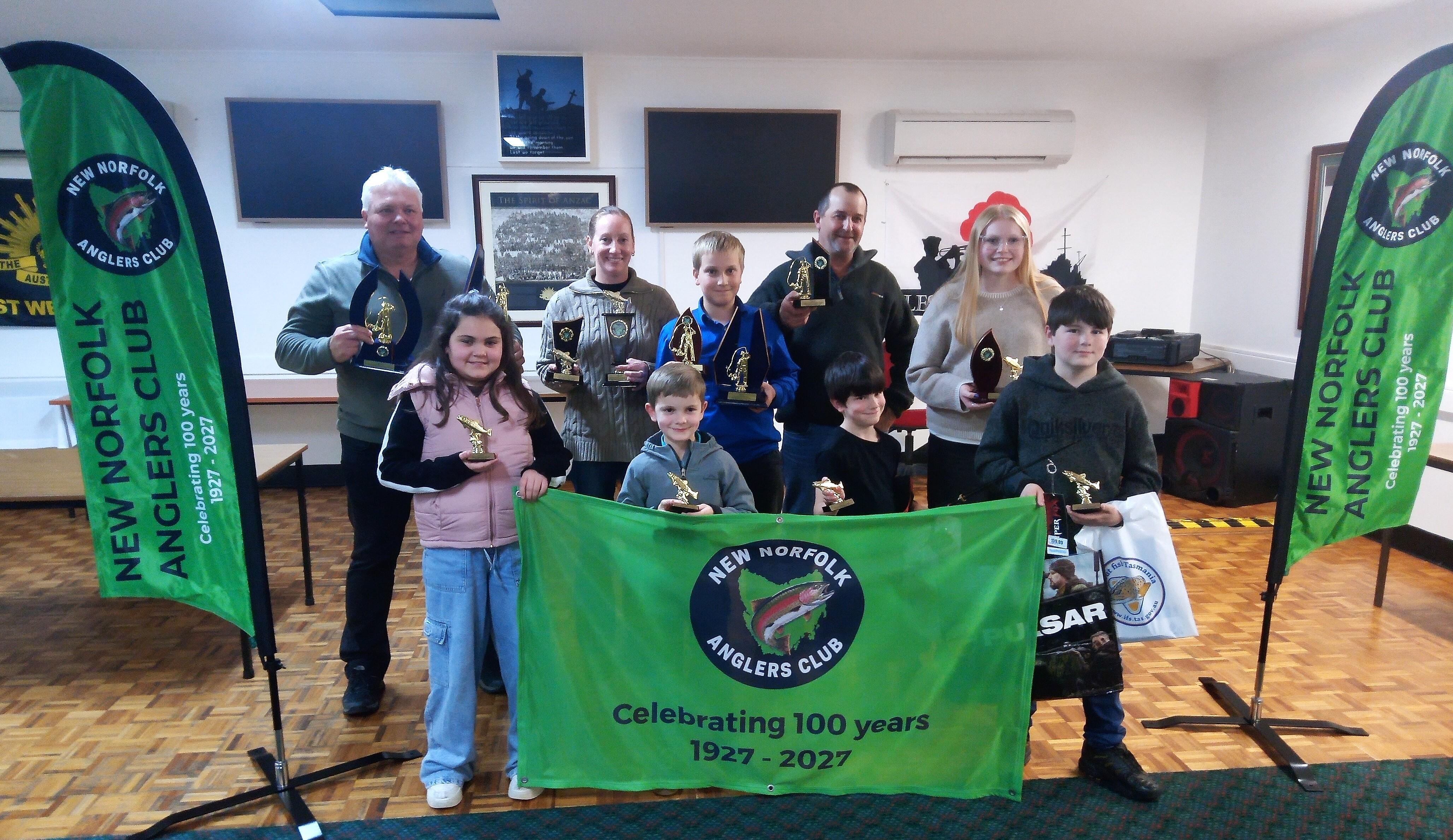 NNLAA winning anglers from the 2025-26 trout season' with their trophies at the recent dinner and trophy presentation night held at the New Norfolk RSL Club last Friday night.