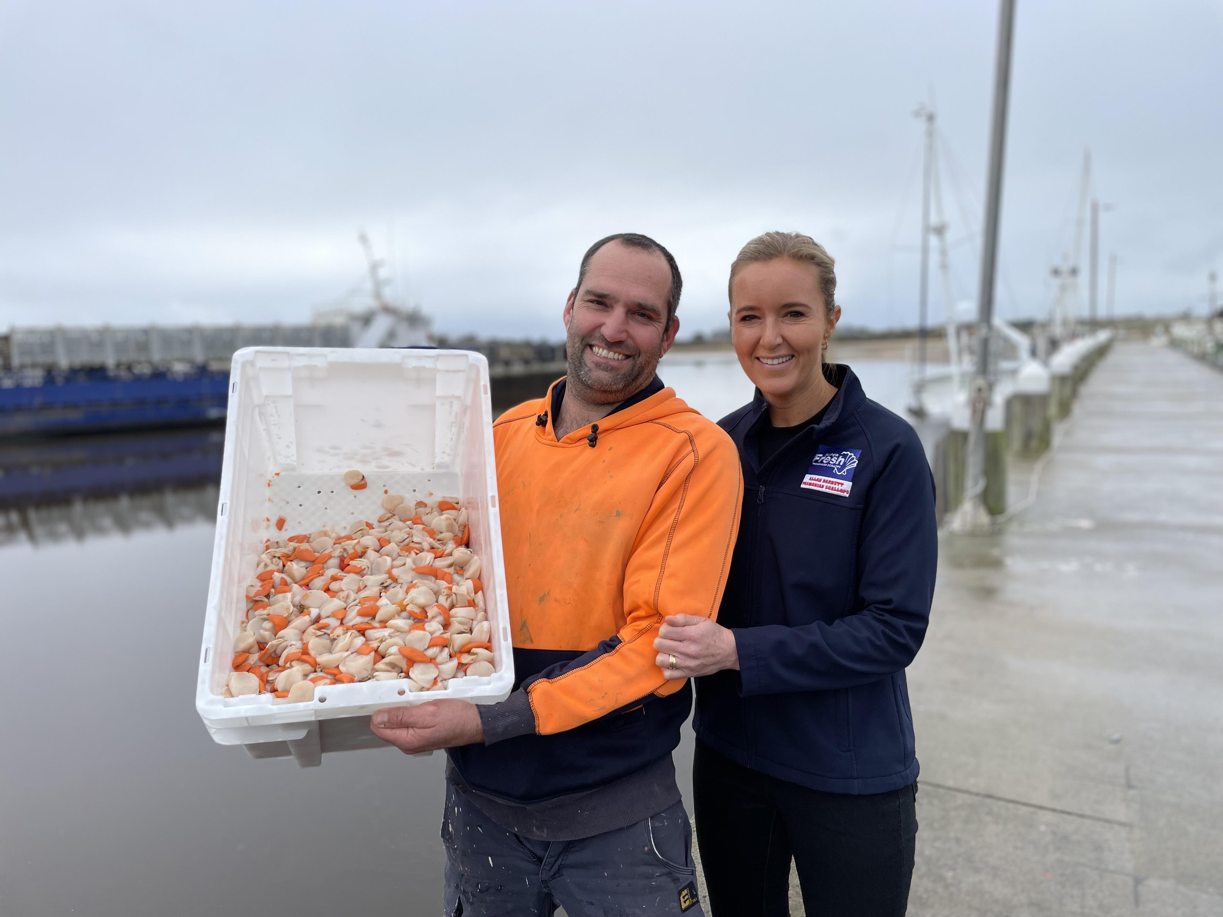 Superfresh Seafoods managers Jacob and Alanna Stanford with some of the first scallops of the season ahead of Bridport’s popular Tassie Scallop Fiesta.