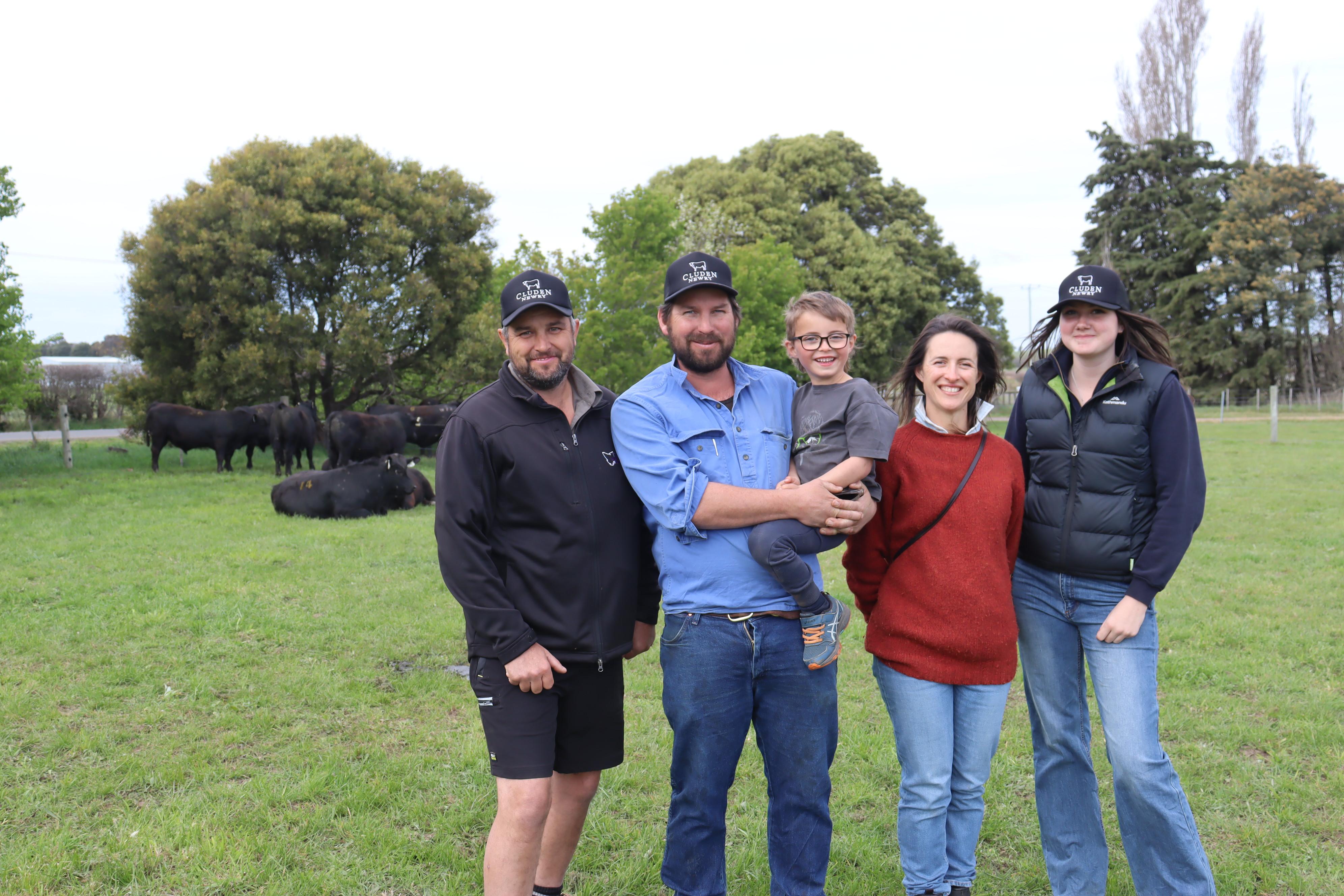 The Cluden Newry Angus Stud team - Tas Livestock Services marketing manager Owen Rowlings, owners Jock Hughes with son Ed, 5, and Claire Burbury and social media manager Ayla Rowlings.