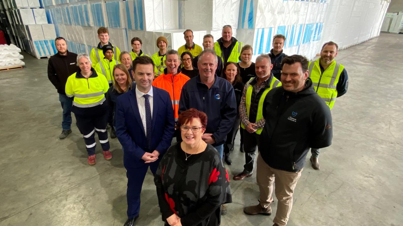 Labor senator Anne Urquhart, Salmon Tasmania CEO Luke Martin, opposition leader Dean Winter and West Coast Mayor Shane Pitt. Labor senator Anne Urquhart, Salmon Tasmania CEO Luke Martin, opposition leader Dean Winter and West Coast Mayor Shane Pitt with salmon industry supporters at Polyfoam, Westbury.