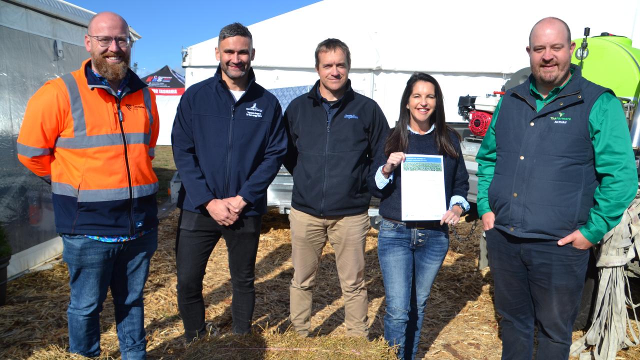 Representatives of TasWater, Aurora Energy, Tasmanian Irrigation and TasFarmers with Minister for Primary Industries and Water Jane Howlett.   