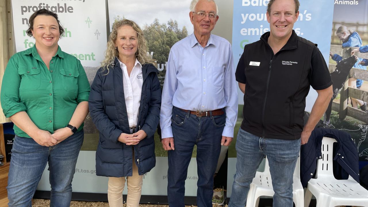 Sarah Clark, Private Forests Tasmania CEO Elizabeth Pietrzykowski, John Lord and Private Forests Tasmania Operations Manager Jarrod Burn at Agfest Sarah Clark, Private Forests Tasmania CEO Elizabeth Pietrzykowski, John Lord and Private Forests Tasmania Operations Manager Jarrod Burn at Agfest