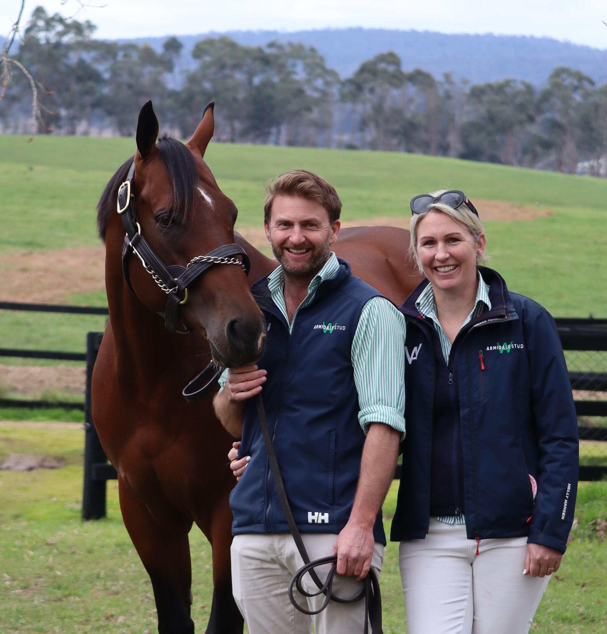 David and Rhiannon Wishaw of Armidale Stud, Carrick, with their colt Bodyguard.