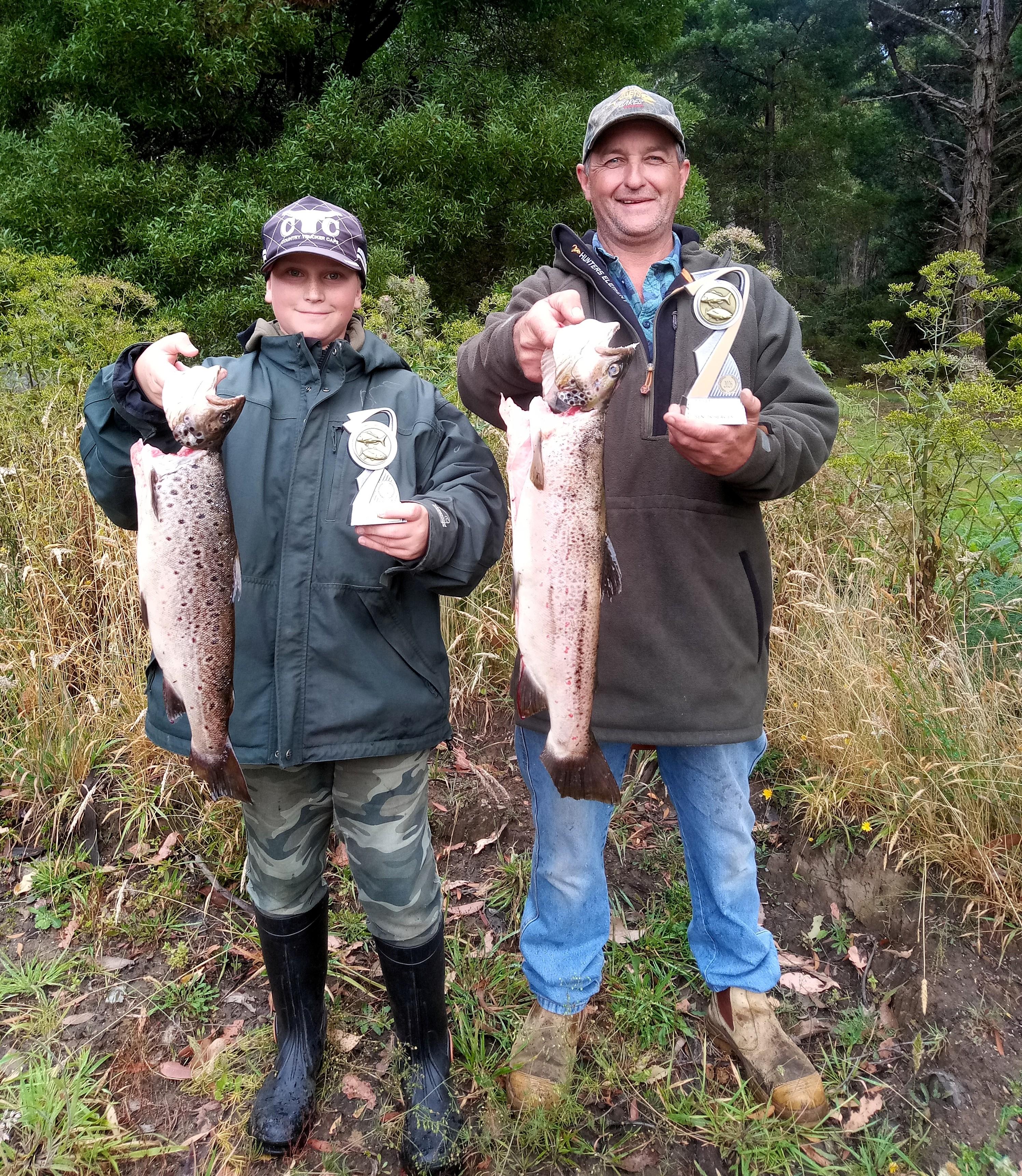  Dave Gasson Memorial heaviest trout winners from Wayatinah Lagoon,father and son Jayden(junior) and Adrian Slater (senior) with their winning catches.