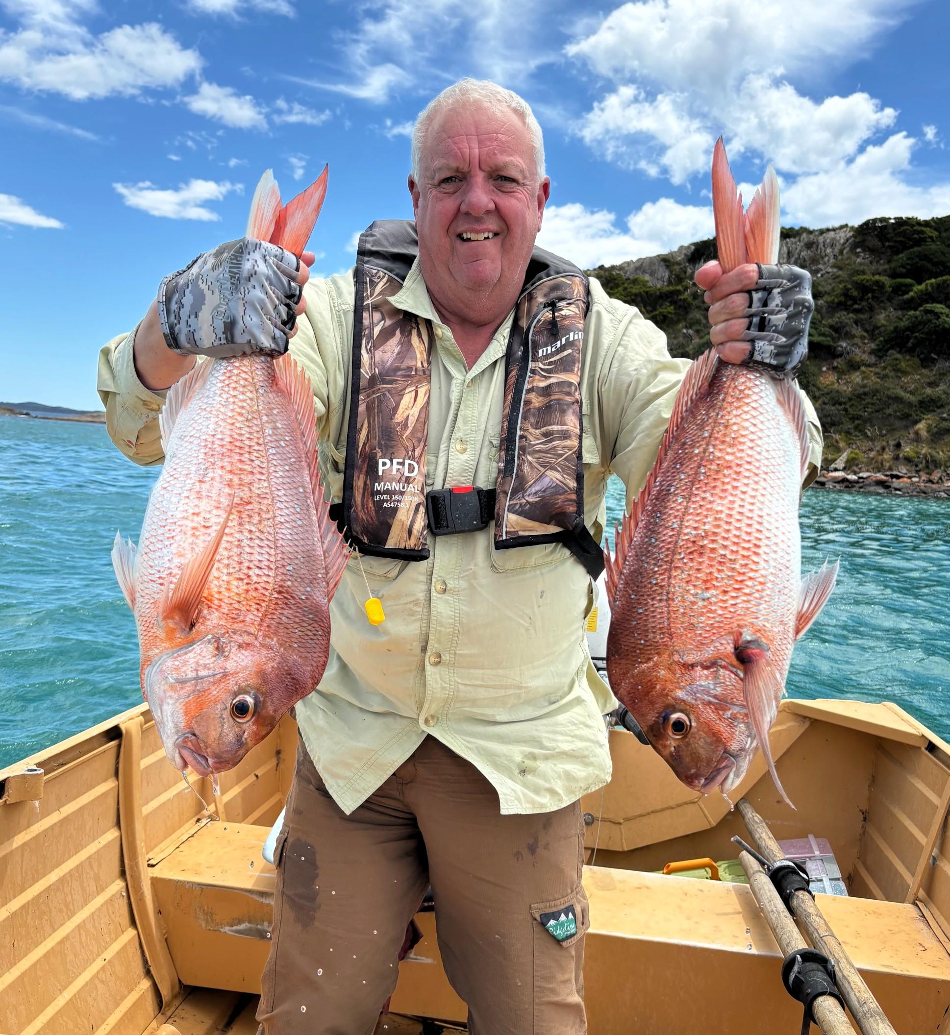 Peter Simmons with two great Snapper he caught recently at Tomahawk in NE Tasmania