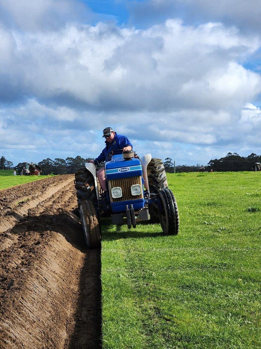 Tasmanian Ploughing Association president Morgan Waters in the saddle.